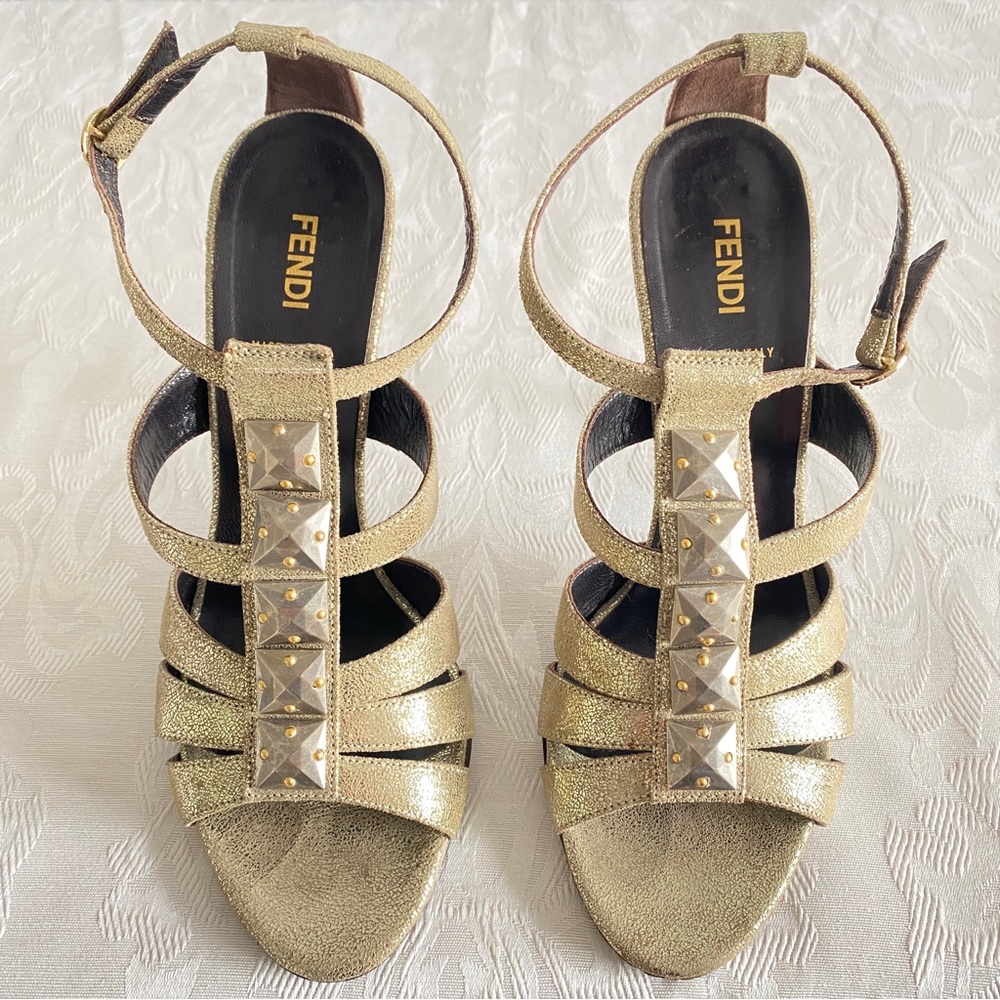 Fendi Gold Iridescent Leather Silver Studded Ankle Strap Sandals